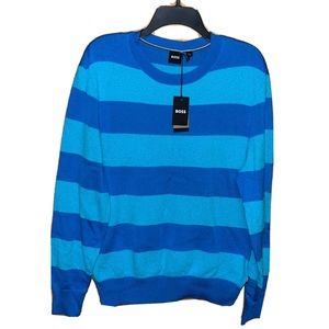 Boss Mens Eromeo Striped Cotton Blend Crew Neck Sweater